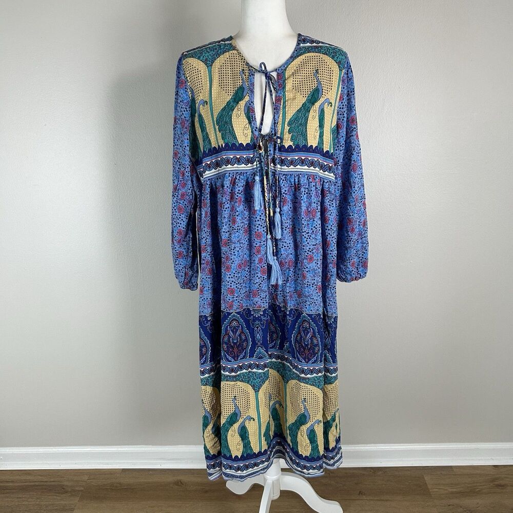 Anthropologie Blue and Teal Patterned Midi Dress